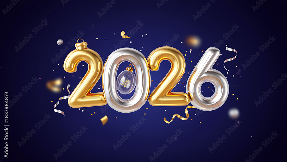Fototapeta premium New Year's Eve 2026: An ornate design celebrates the arrival of 2026 with a touch of glamour, evoking a sense of celebration.