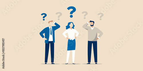 People pondering questions and uncertainty illustrated with question marks above heads