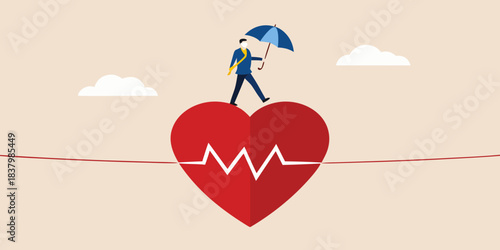 Man walking on a tightrope over a heart with an umbrella