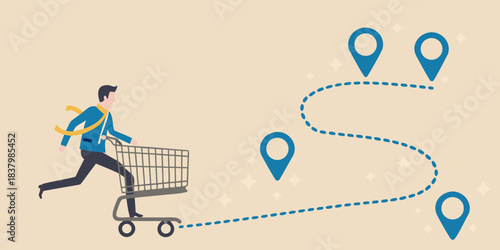 A person with a shopping cart follows a dotted path with location markers