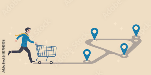 Man pushing shopping cart following a path of location pins