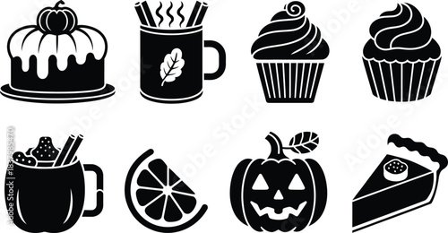 Autumn and Halloween desserts and drinks vector icon set