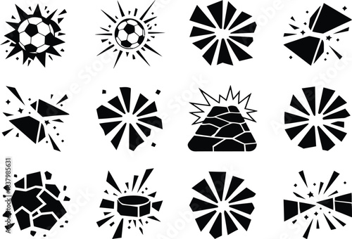 Soccer ball crash, ground crack and explosion silhouette vector set