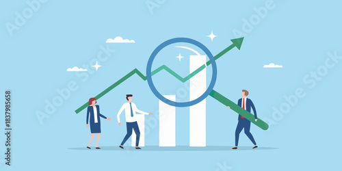 Business growth and success team collaboration focuses on positive financial trends