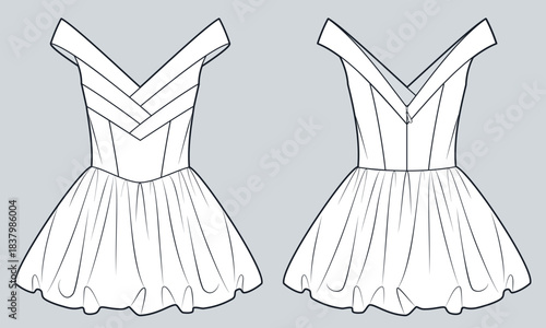 Off-Shoulder Dress with Balloon Skirt Fashion Flat Sketch. V neck Mini Dress fashion flat technical drawing template, front and back view, white, back view, women CAD mockup.