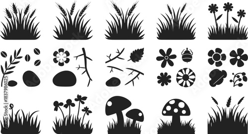 Grass and Flower Silhouette Icon Set, Nature, Garden, Mushroom Vector illustration