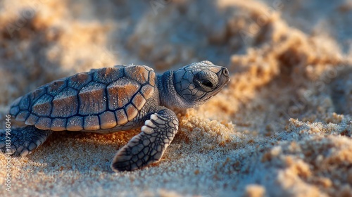 Fototapeta Naklejka Na Ścianę i Meble -  a sea turtle crawling across a sandy beach, with its head up as it navigates the terrain