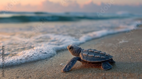 a captivating scene of a sea turtle crawling along a sandy beach near the ocean's edge