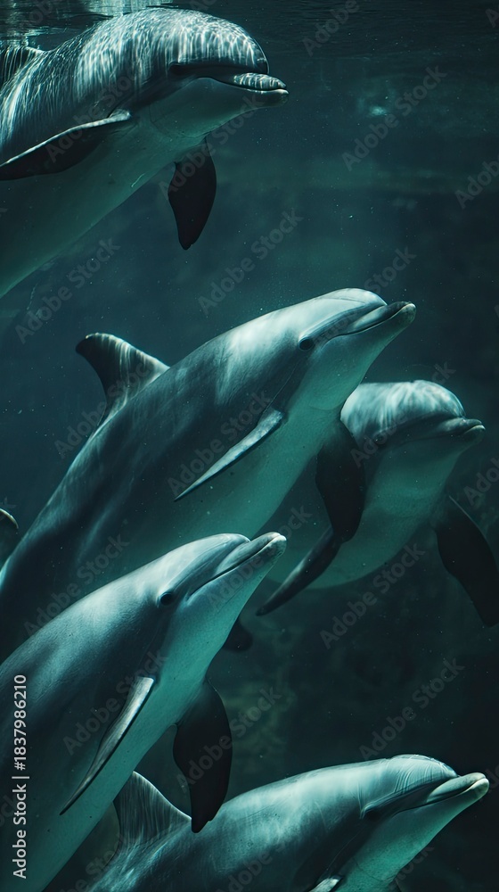 Fototapeta premium Group of Playful Dolphins Swimming Underwater in Clear Blue Water