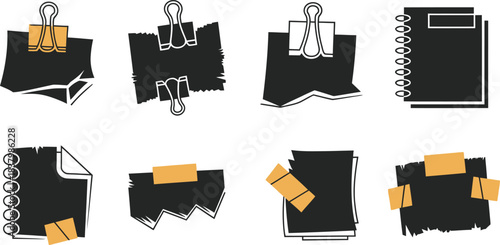 Black ripped paper notes with tape and clips vector set