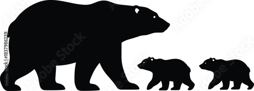 Bear family silhouette, walking black bears, wildlife vector icon, parent and cubs, nature animal graphic, forest illustration pack