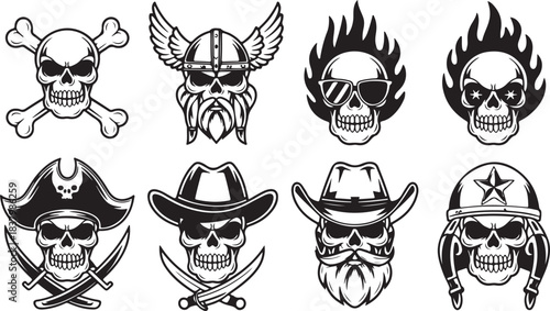 Set of  vector skull mascots including pirate, viking, cowboy and biker heads