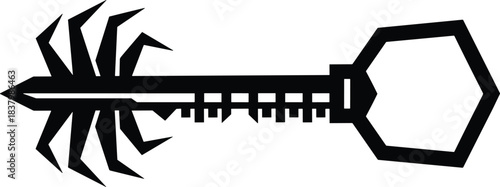 Futuristic silhouette key, hexagonal handle, mechanical shaft, insect claw bit, abstract vector icon, security symbol, digital access concept, black design