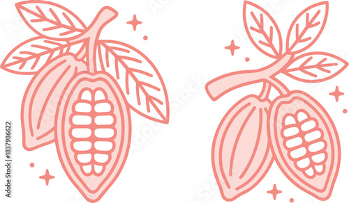 Pink cocoa beans cute chocolate ceremonial cacao bean pod branch and leaves outline drawing logo. Retro vintage girly coquette plant sparkles aesthetic printable flat design sticker isolated clipart.