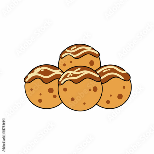 Four cartoon takoyaki balls with brown sauce and mayonnaise drizzle, close-up view