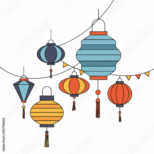 Colorful Hanging Lanterns with Decorative Tassels and Festive Garland.