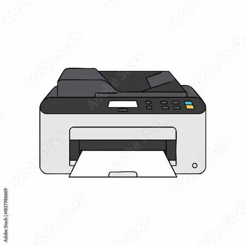 Cartoon illustration of a gray and black printer with a sheet of paper