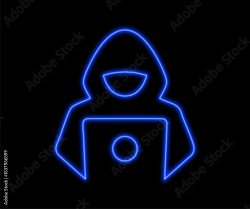 Neon hacker with hoodie and a laptop. Cyber, computer crime and virus vector icon.