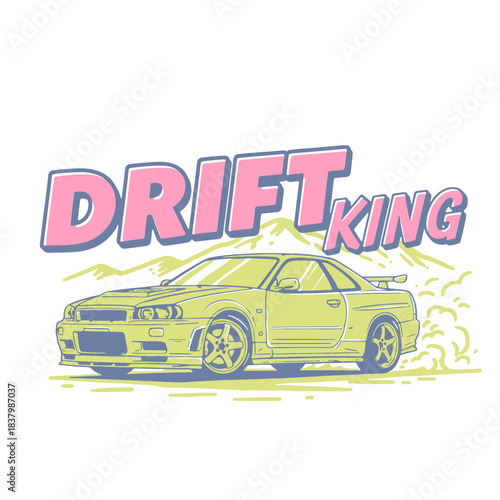 Retro Drift King T-Shirt Design with JDM Sports Car Illustration. Japanese Tuning Culture Vector Art and Motorsport Graphic.