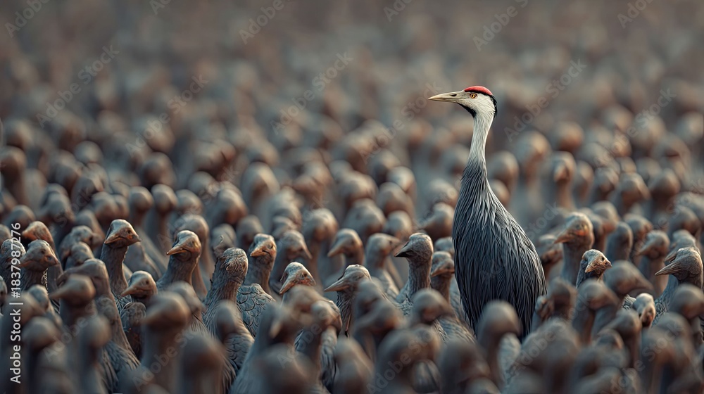 Fototapeta premium a unique scene of nature's balance: a bird perched atop a flock of cranes. the bird, positioned centrally in the frame, stands out against the gray brown feathers of its hosts