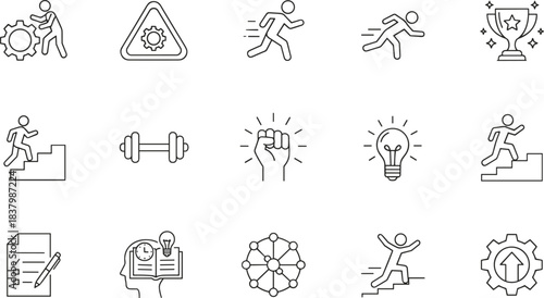 Personal growth and productivity icon set, black and white line icons, achievement, motivation, innovation, vector illustration pack