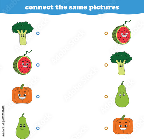 Education game for children connect the same picture of cute cartoon fruits printable. Vector Illustration