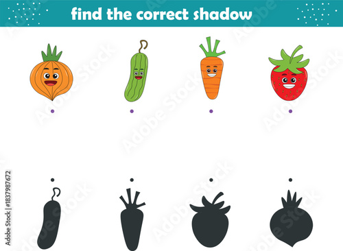 Funny cartoon fruits. Find the correct shadow. Kids Education games. Cartoon vector illustration