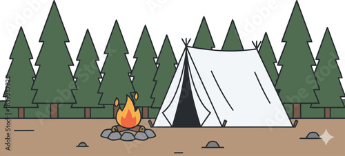 Discovering the tranquility of nature with a rustic tent and comforting campfire surrounded by trees