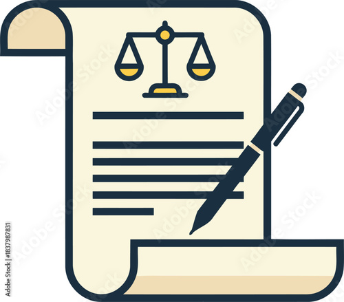 Important legal document or contract signing with a pen and scales of justice representing law and order