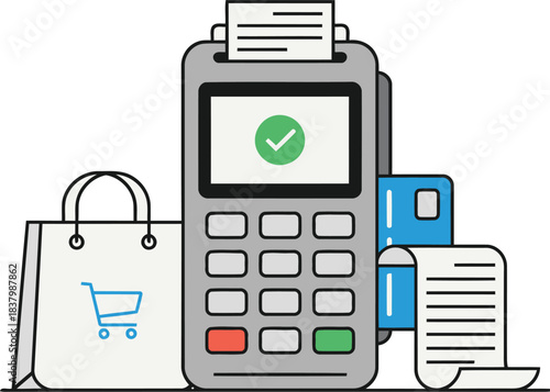 A sleek payment terminal confirms a successful digital transaction for online retail with a shopping bag and credit card