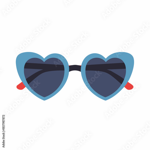 Heart-shaped sunglasses with blue frames, dark lenses, and red temple tips