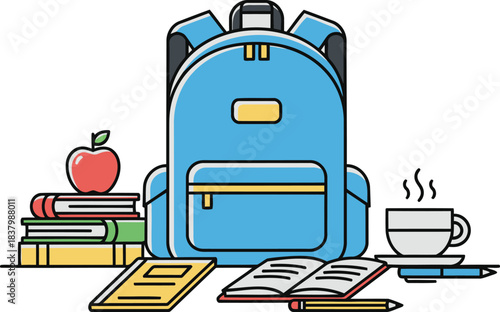 Student backpack packed with essential school supplies ready for learning and a comforting warm drink