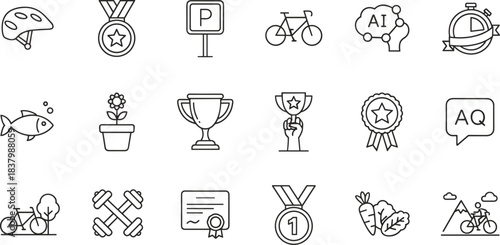 Fitness and achievement icon set, black and white line icons, cycling, health, awards, vector illustration pack