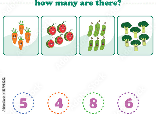 Counting game of fruits for preschool kids. Printable. Vector Illustration