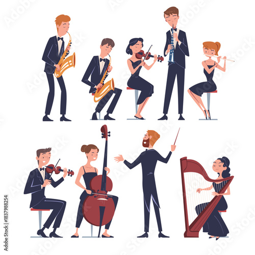 Different Musician Man and Woman Play Musical Instrument Vector Set