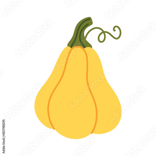 A bright yellow pumpkin with a pear-like shape and a curled vine. A colorful autumn vegetable icon representing the variety of the harvest season.