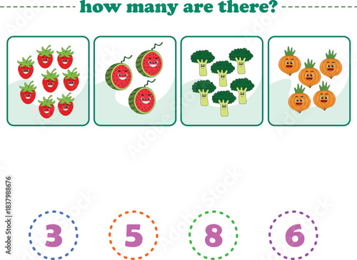 Counting game of fruits for preschool kids. Printable. Vector Illustration
