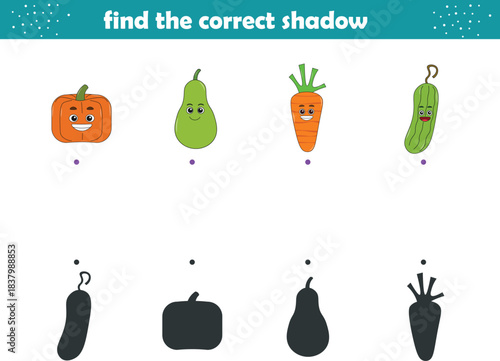 Funny cartoon fruits. Find the correct shadow. Kids Education games. Cartoon vector illustration