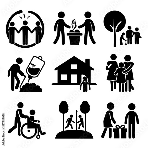 Family and Social Care Pictogram Icons Set: Community Support, Elderly Assistance, and Generosity Vector Collection.