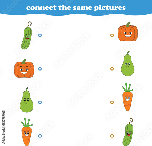 Education game for children connect the same picture of cute cartoon fruits printable. Vector Illustration