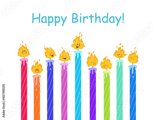 Birthday banner with fire characters. Cute flames, congratulation postcard with colorful candles. Cartoon happy fires, nowaday vector template
