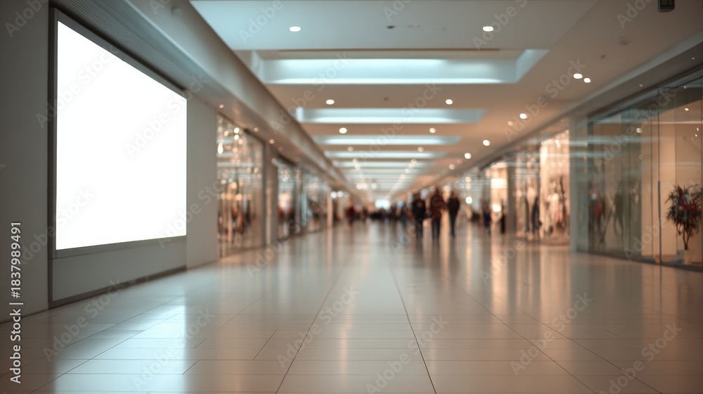 Obraz premium Blurred View of a Shopping Mall Interior with a Blank Advertisement Billboard Mockup for Customizable Content