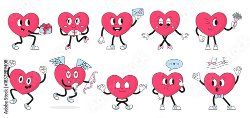 Groovy hearts characters. Retro style heart various poses. Valentines day character in love, romantic mood, cute Cupid. Funny mascots neoteric vector set