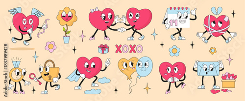 Valentines day groovy characters. Hearts balloons rings letter envelope calendar and flower. Funny romantic creatures, art creative stickers neoteric vector set