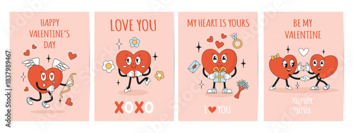 Valentines day groovy cards. Romantic posters with funny hearts. Retro style love characters, greetings postcards design. Cute neoteric vector design