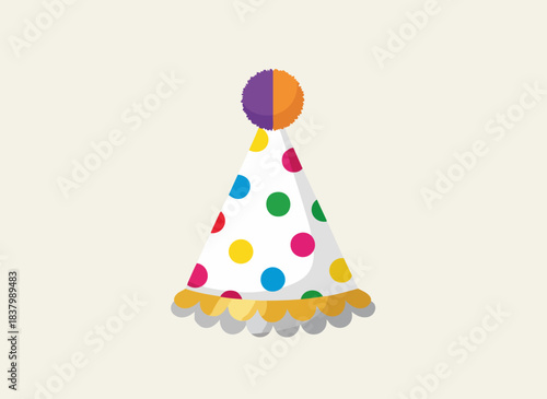 A festive polka dot party hat with a colorful pom-pom on top.