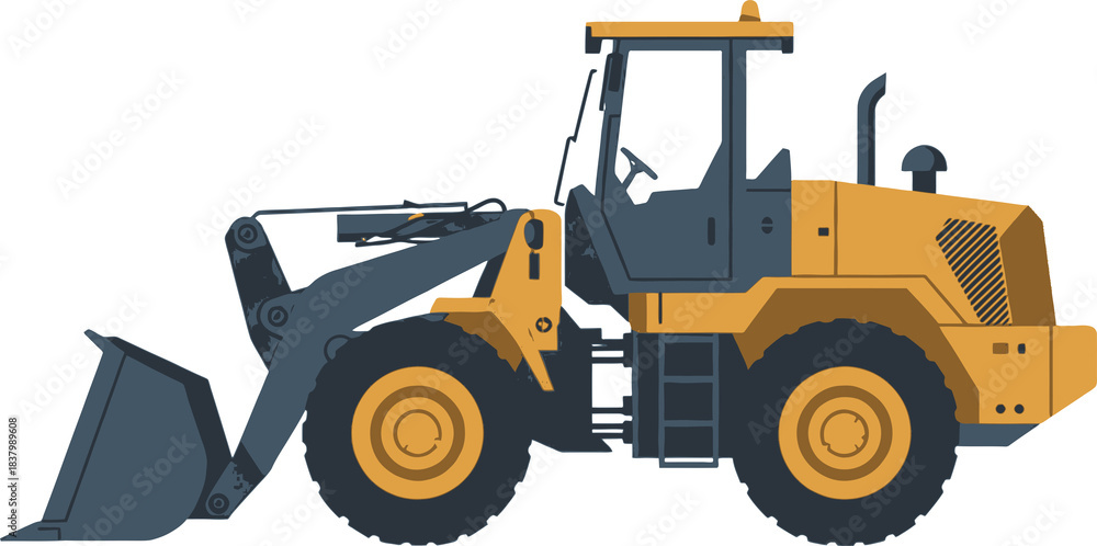 Naklejka premium Detailed illustration of a yellow and grey front-end loader, a heavy construction vehicle used for earthmoving and material handling.