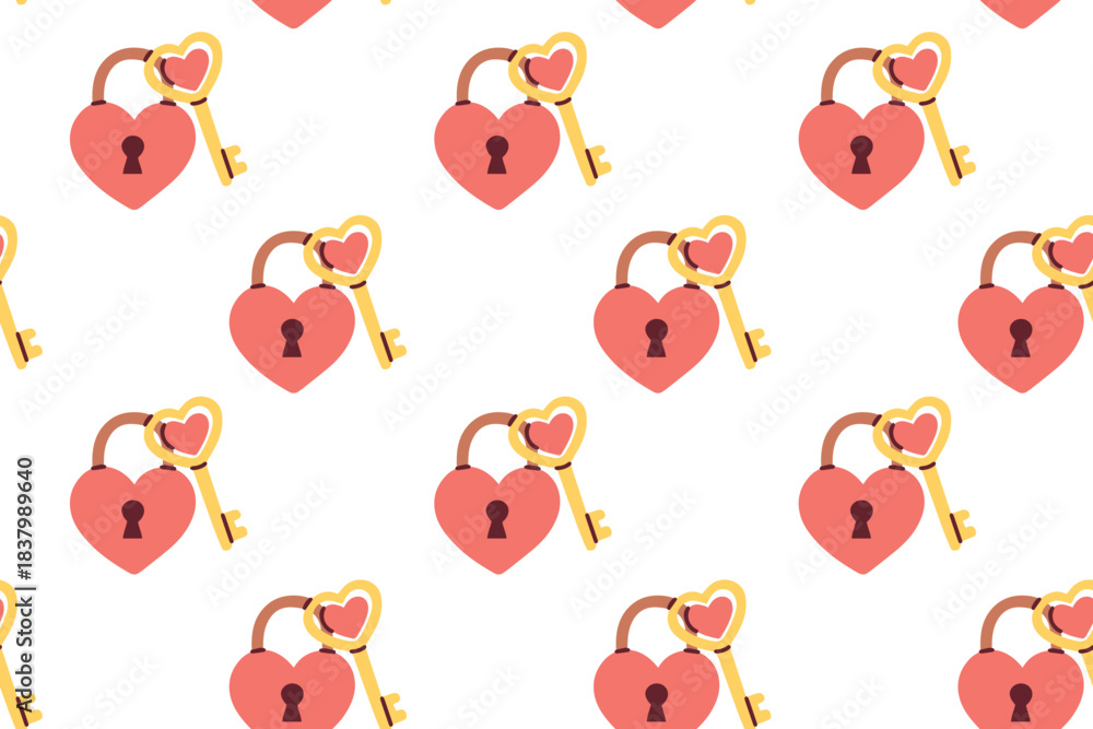Obraz premium Repeatable background featuring heart-shaped padlocks and golden keys. Romantic texture suitable for wrapping paper, textile print and wedding stationery.