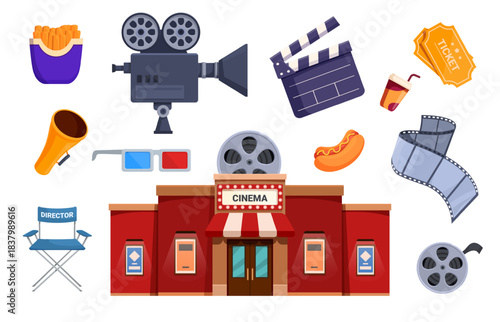 Movie theater. Cinema building icon, film director chair, fast food. Camera and clapper, megaphone, tickets. Isolated entertainment sapid vector elements