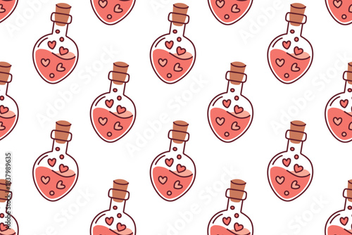 Repeatable background texture featuring glass flasks with heart elixirs. Romantic seamless pattern suitable for wrapping paper and textile design.